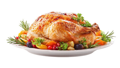 Roasted Thanksgiving turkey on a white platter, garnished with fresh herbs, fruit, and vegetables
