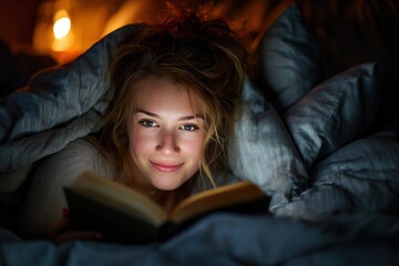Fototapeta premium Young caucasian female reading book under blanket at night