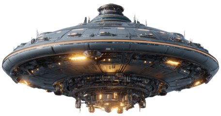 Futuristic, gray saucer-shaped spacecraft, with glowing interior lights