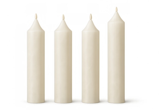 White unlit wax candles set, realistic elements for christmas, celebration, holiday, or event design with transparency