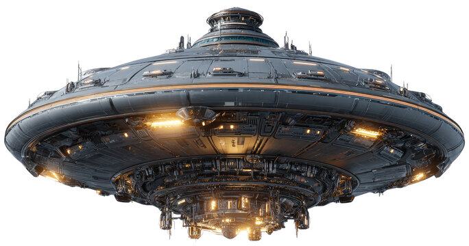 Futuristic, gray saucer-shaped spacecraft, with glowing interior lights