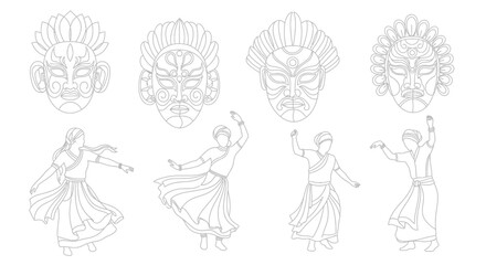 Line art illustration featuring sri lankan masks and traditional dancers