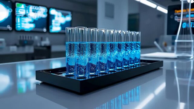 Row of laboratory test tubes filled with blue chemical solution on reflective table in advanced scientific research facility with clean lighting