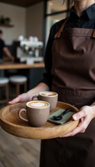 Female barista wearing apron carrying tray with cup of latte art cappuccino. Professional waitress serving customer in cafe on sunny morning. Woman working in coffee shop.