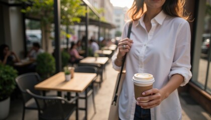 Female hand holding cappuccino with latte art in paper cup in front of blurred cafe shop terrace on sunny morning. Businesswoman having break with take away coffee, woman going to work.