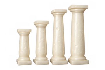 Four increasing height classic roman decorative pillars or columns on transparent background for architectural display or support