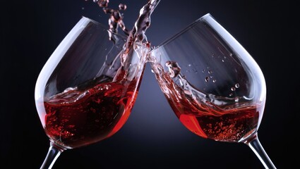 Two hand clinking glasses of rich red wine on dark background, celebrating, toasting before drinking. Friendship and achievement. Concept for celebration, wine tasting.