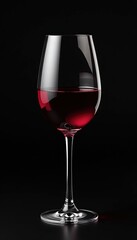 Studio shot of elegant crystal glass with red wine on black background with nice reflection. Sophisticated and elegant atmosphere. Concept for celebration, wine tasting.