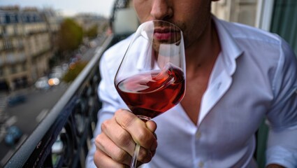 Elegant, well dressed young man holding glass of red wine on balcony, tasting, drinking, celebrating with toast at home. Winetasting concept, offering, success.