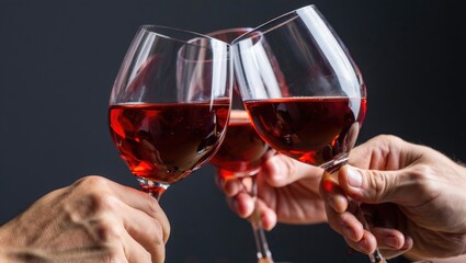 Hands clinking glasses of rich red wine against gray background, toasting, celebrating friendship and joyful moment together on gathering. Concept for celebration, wine tasting. Studio photo.