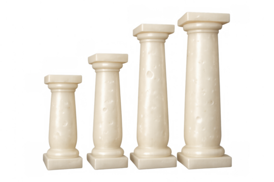 Four increasing height classic roman decorative pillars or columns on transparent background for architectural display or support