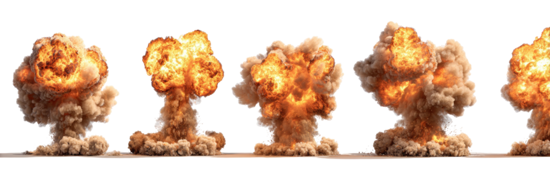 Sequential explosions with plumes of smoke and fire