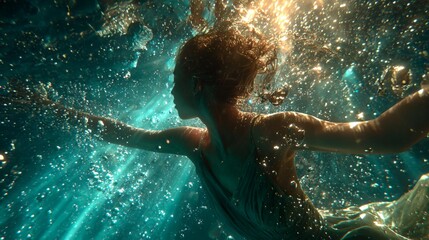 Woman immersed in water, swimming with elegance, surrounded by sparkling bubbles and light rays, evoking a tranquil and enchanting underwater scene