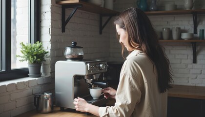 Woman prepares hot espresso with modern automatic coffee machine in cozy apartment kitchen, starting a mindful morning routine of self-care, comfort and everyday urban living.