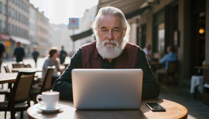 Senior bearded man working on laptop at sunny outdoor cafe terrace in european city, focused and confident while enjoying coffee and mobile connectivity for remote work.
