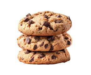 Three chocolate chip cookies stacked vertically.  Golden-brown, slightly textured cookies, each studded with dark chocolate chips.  Close-up, isolated against black background