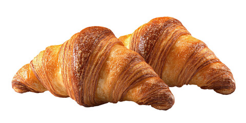 Two golden-brown croissants, layered with flaky, intricate patterns
