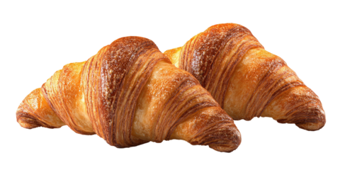 Two golden-brown croissants, layered with flaky, intricate patterns