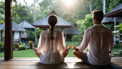Couple sitting in asian garden on wooden veranda in lotus pose, meditating and enjoying peaceful yoga retreat surrounded by tropical nature, promoting wellness and mindfulness.