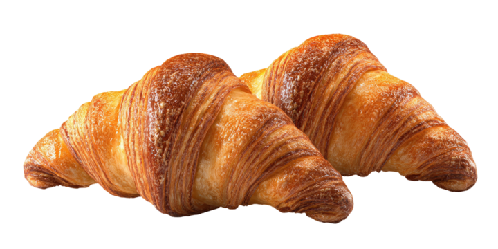 Two golden-brown croissants, layered with flaky, intricate patterns