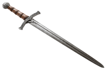 A long,  medieval-style sword.  Its  steel blade  is  pointed  and  straight.  Decorative  metalwork  adorns the hilt.  A  brown  wooden grip  is visible