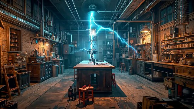 Old scientific workshop interior with electric energy arc discharging between Tesla coils surrounded by vintage tools and wooden equipment
