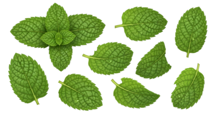 Fresh green mint leaves isolated on transparent background, top view, flat lay
