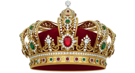 Golden crown with jewels isolated on transparent background for royalty concept
