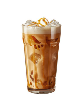 Iced caramel latte with whipped cream and ice cubes in tall glass