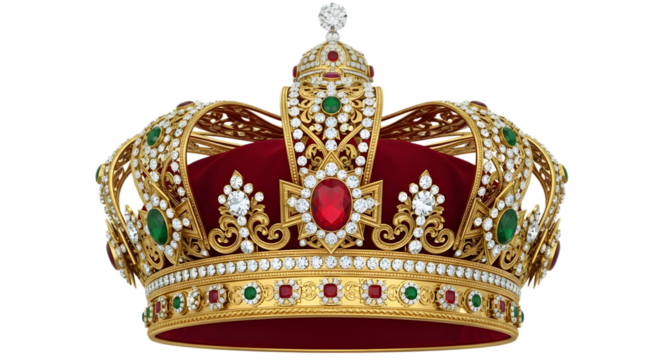 Golden crown with jewels isolated on transparent background for royalty concept