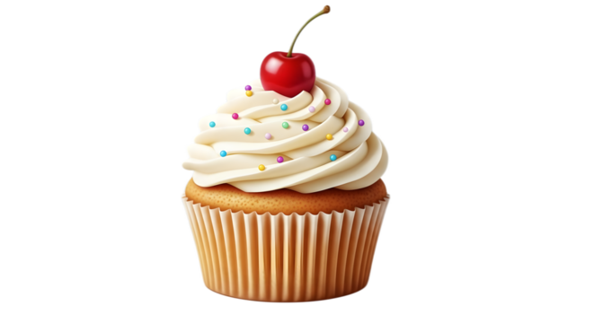 Delicious vanilla cupcake with cherry isolated on transparent background - Powered by Adobe