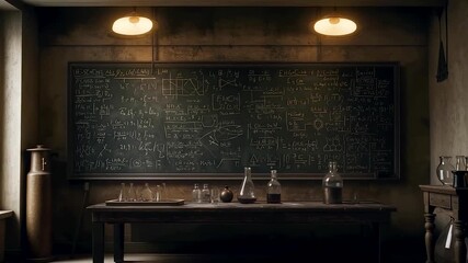 Vintage classroom with chalkboard filled with scientific equations and glass laboratory bottles on wooden table under warm nostalgic lighting - Powered by Adobe