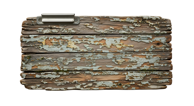 Aged wooden plank with peeling paint isolated on transparent background