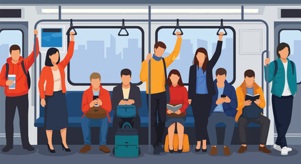 Flat vector of crowded metro train with passengers celebrating World Public Transport Day, promoting modern commuting and green mobility