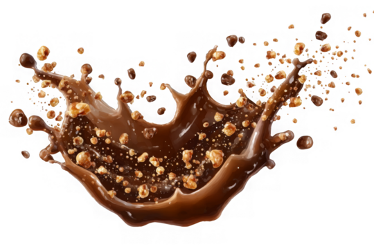 Caramel dessert sauce liquid splash with toffee crunch candy pieces exploding, transparent background
