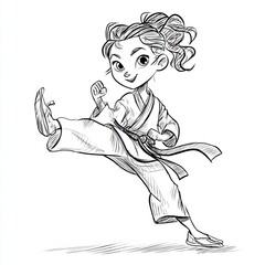 Fototapeta premium Karate Kid Sketch: A dynamic illustration captures a young girl in the midst of a powerful karate kick, her form perfect as she embodies the spirit of martial arts.