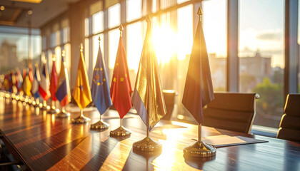 Global Accord: A sophisticated conference room bathed in natural light, hosting a display of international flags, symbolizing unity and diplomacy.