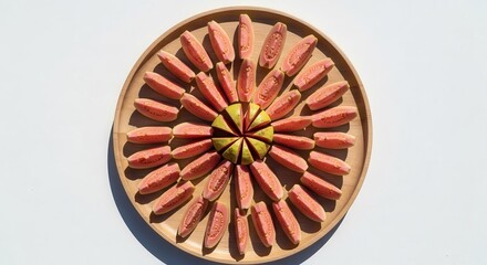 Obraz premium Freshly Sliced Guava Arranged Artistically On a Wooden Platter and Isolated
