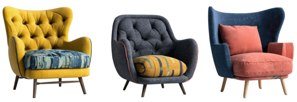 Three mid-century modern armchairs in yellow, navy, and blush pink