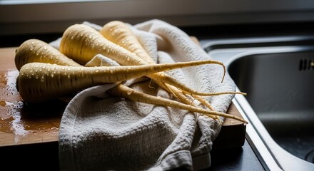 Freshly Washed Parsnips Resting on a Towel Near a Kitchen Sink Prepared for Cooking