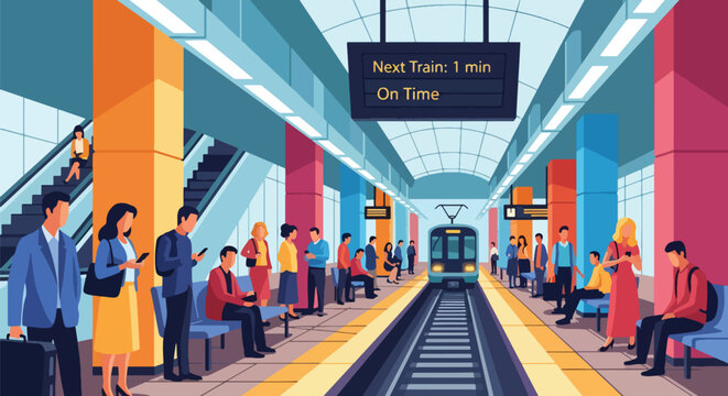 Flat vector of people waiting at modern subway station for World Public Transport Day, symbol of punctuality and organized mobility