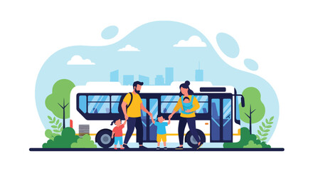 Flat vector of parents with children boarding bus for World Public Transport Day, inclusion and family travel concept © meeblues