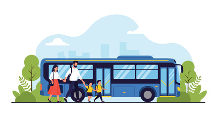 Flat vector of parents with children boarding bus for World Public Transport Day, inclusion and family travel concept