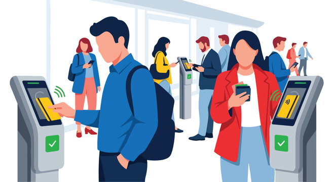 Flat vector of commuters paying bus fare with contactless card for World Public Transport Day, modern convenience and technology concept