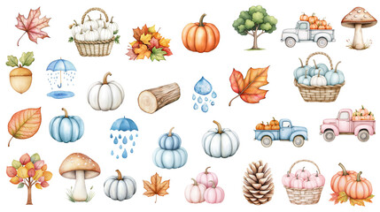 Celebrate harvest time with this charming collection, brimming with pumpkins, leaves, and rustic trucks, ideal for creating festive decor and heartfelt greetings.