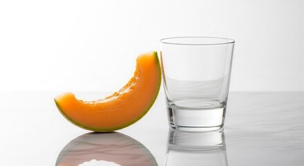 Freshness Of Melon Slice And Empty Glass On A Reflective Surface Composition