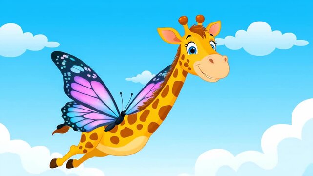 Cartoon giraffe with butterfly wings flying in the sky illustration