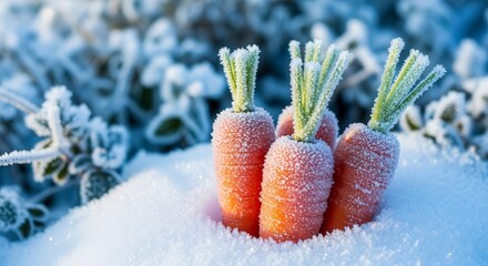 Frosty Carrots Nestled in Snow, A Winter Harvest Scene