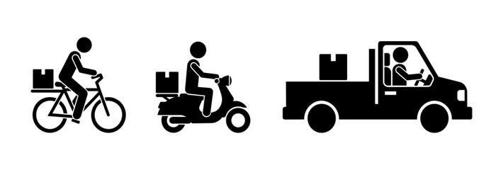 Delivery workers on bicycle, scooter, and truck with package silhouette icons, courier logistics transportation vector illustration.