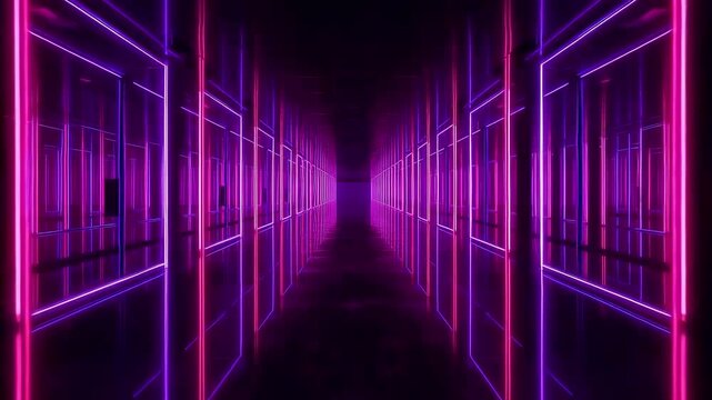 Neon tunnel with glowing purple and pink lights creating endless symmetrical corridor effect with reflections and vibrant digital atmosphere